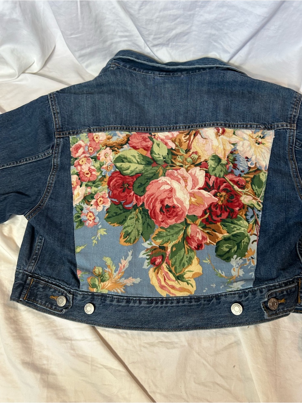 Denim Jacket with Floral Tapestry Back Panel - Blue with Multi-Color Flowers